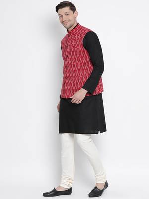 Black woven linen kurta-pajama 3