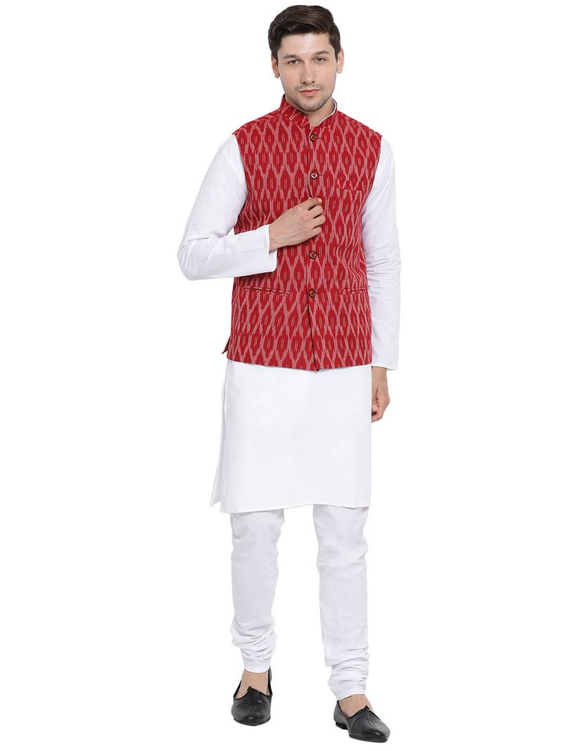 White woven cotton kurta-pajama