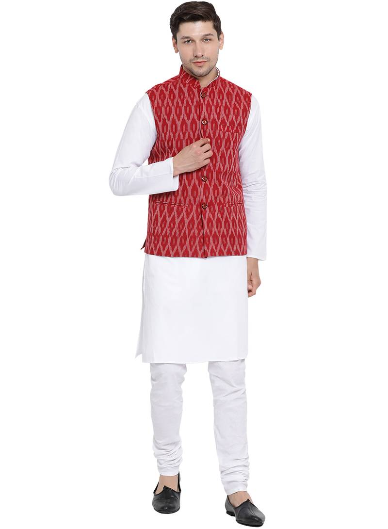 Maroon woven cotton kurta-pajama