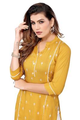 Mustard Colored Panal Embroidered Kurta 1