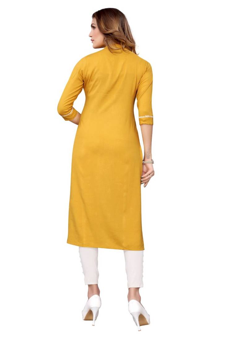Mustard Colored Panal Embroidered Kurta