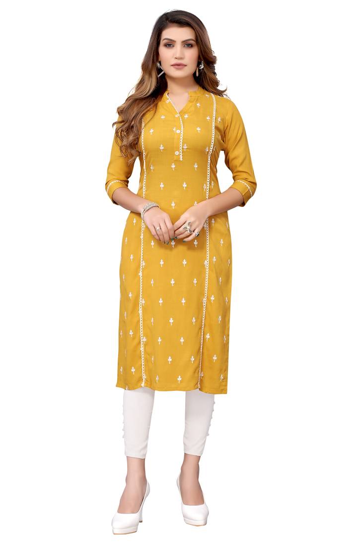 Mustard Colored Panal Embroidered Kurta