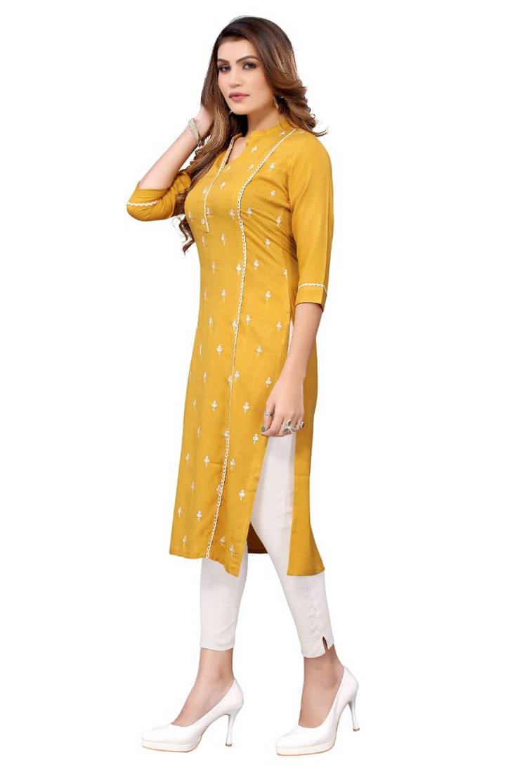 Mustard Colored Panal Embroidered Kurta