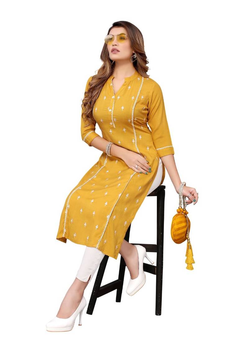 Mustard Colored Panal Embroidered Kurta