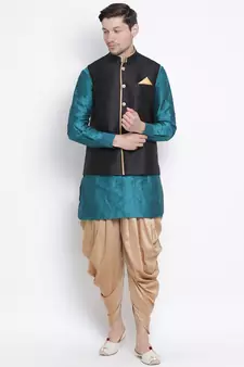 Green woven silk blend dhoti-kurta