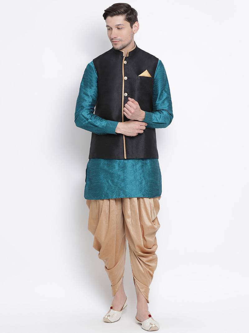 Green woven silk blend dhoti-kurta