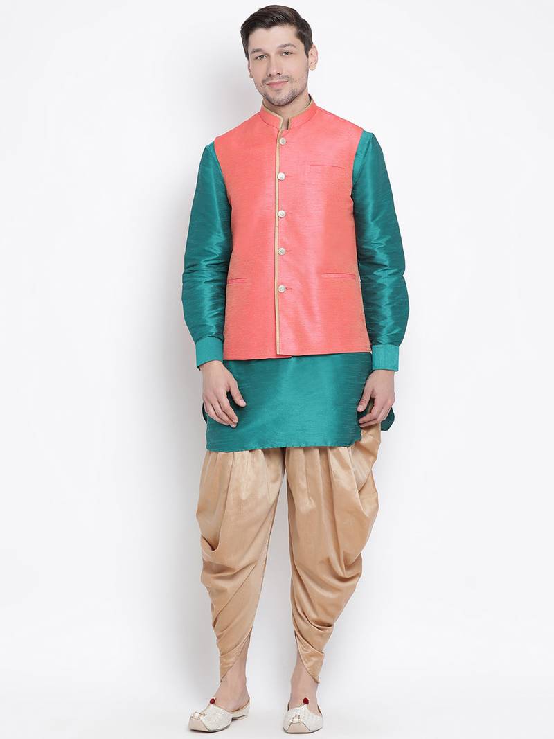 Green woven silk blend dhoti-kurta