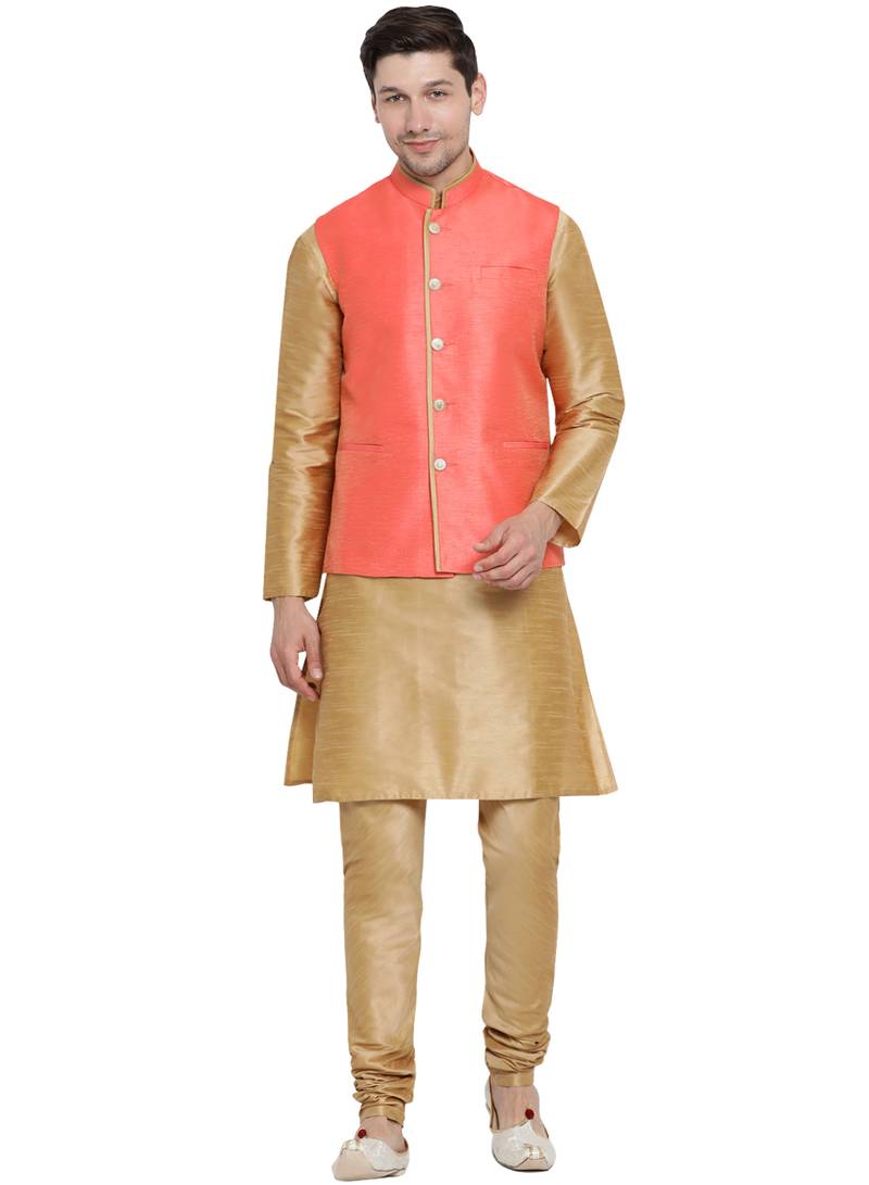Gold woven silk blend kurta-pajama
