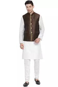 White woven silk blend kurta-pajama