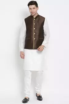 White woven silk blend kurta-pajama
