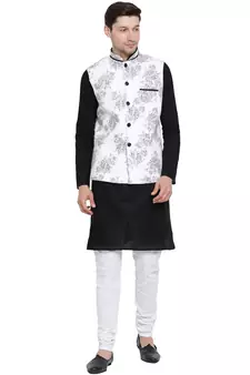 Black printed linen kurta-pajama