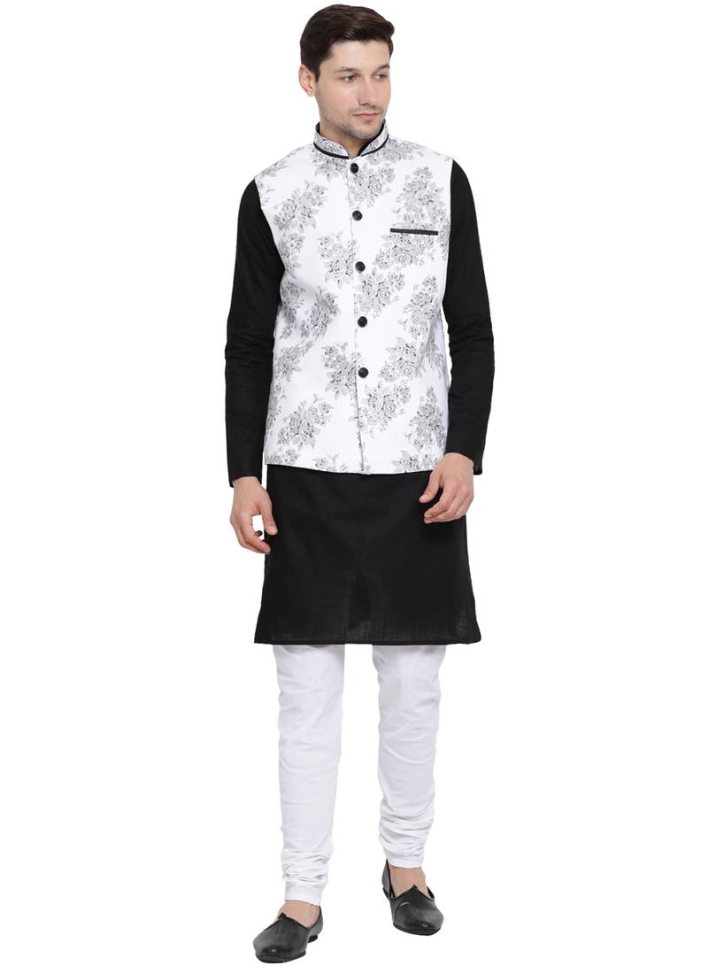 Black printed linen kurta-pajama