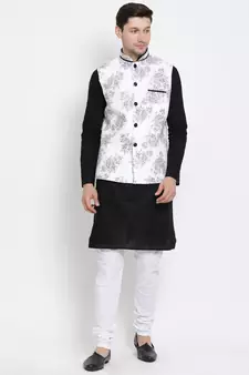 Black printed linen kurta-pajama