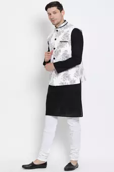 Black printed linen kurta-pajama