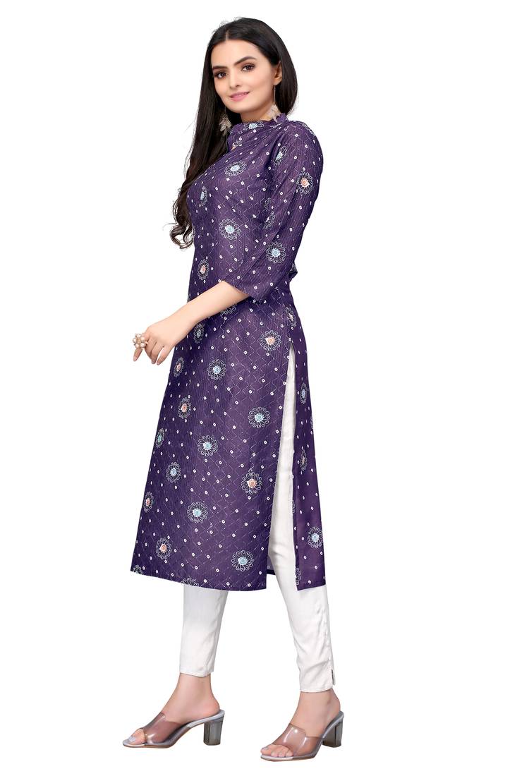 Mohvogue Purple Digital printed Crochet Kurta.