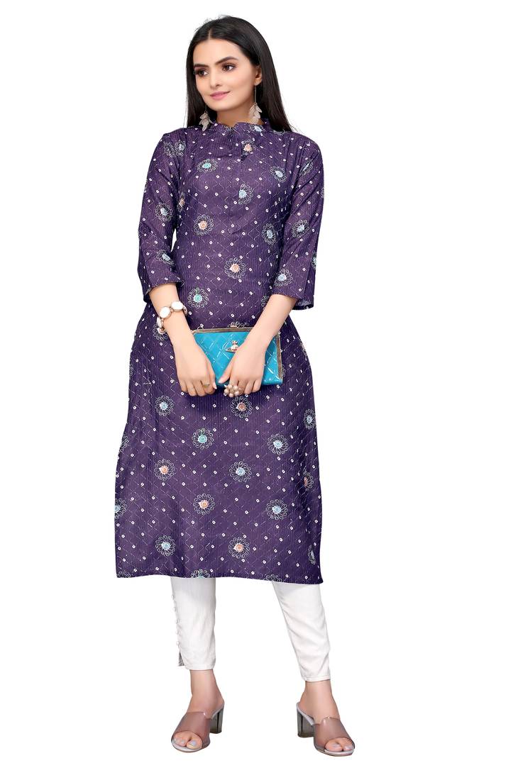 Mohvogue Purple Digital printed Crochet Kurta.