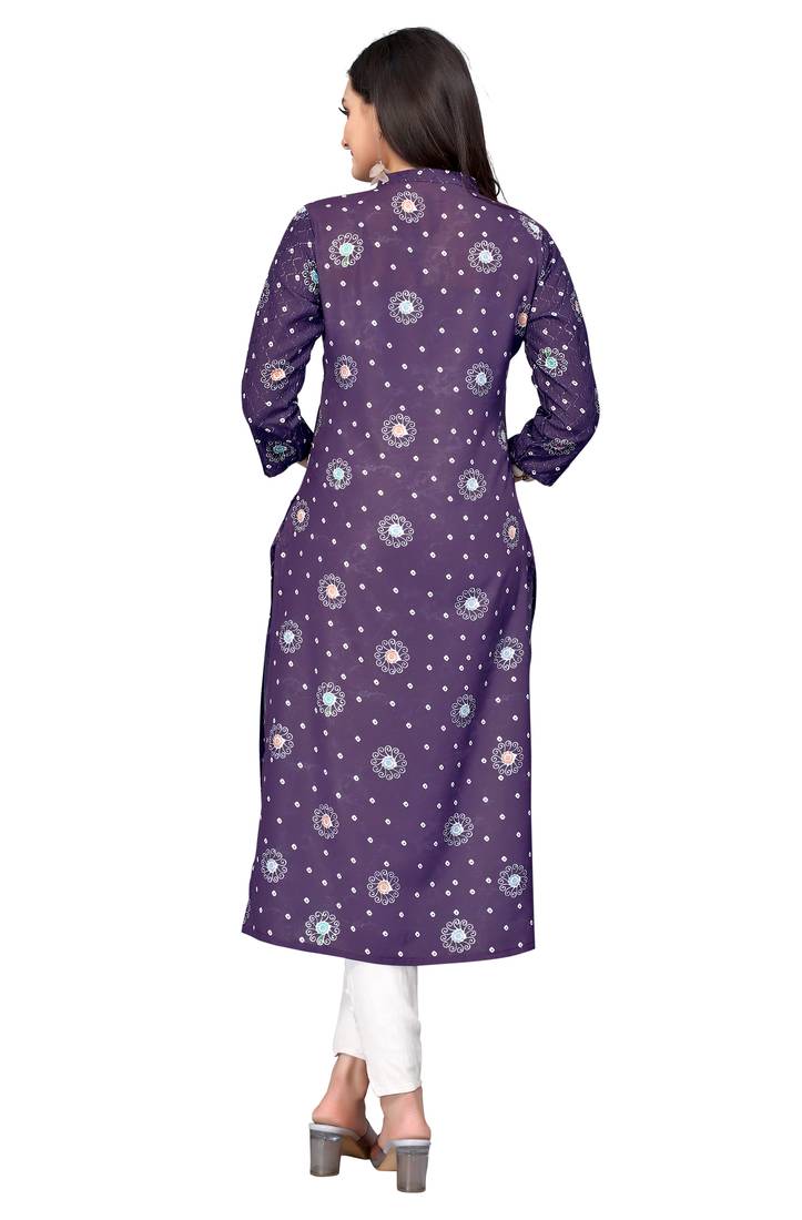 Mohvogue Purple Digital printed Crochet Kurta.