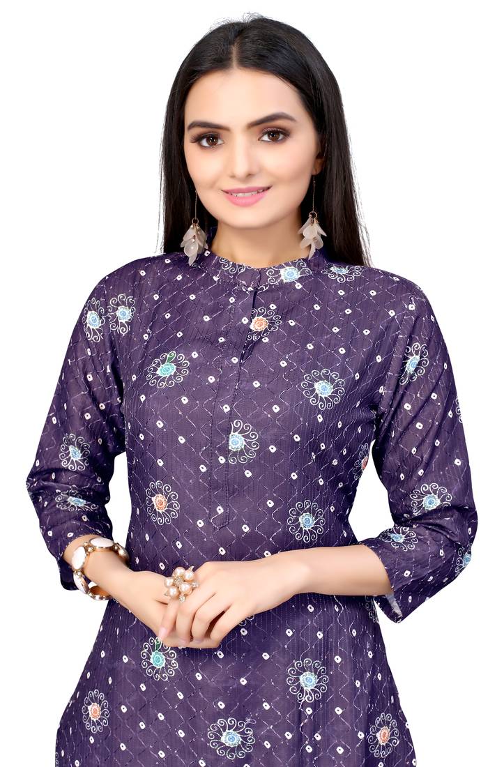 Mohvogue Purple Digital printed Crochet Kurta.