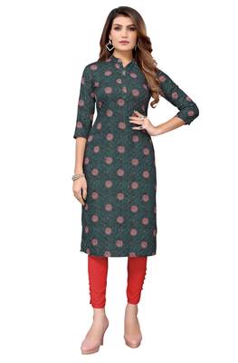 Mohvogue Bottle Green Digital printed Crochet Kurta. 1