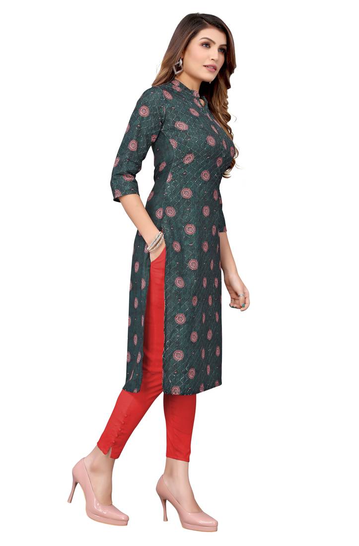 Mohvogue Bottle Green Digital printed Crochet Kurta.