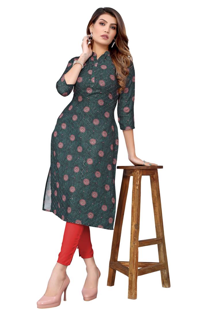 Mohvogue Bottle Green Digital printed Crochet Kurta.