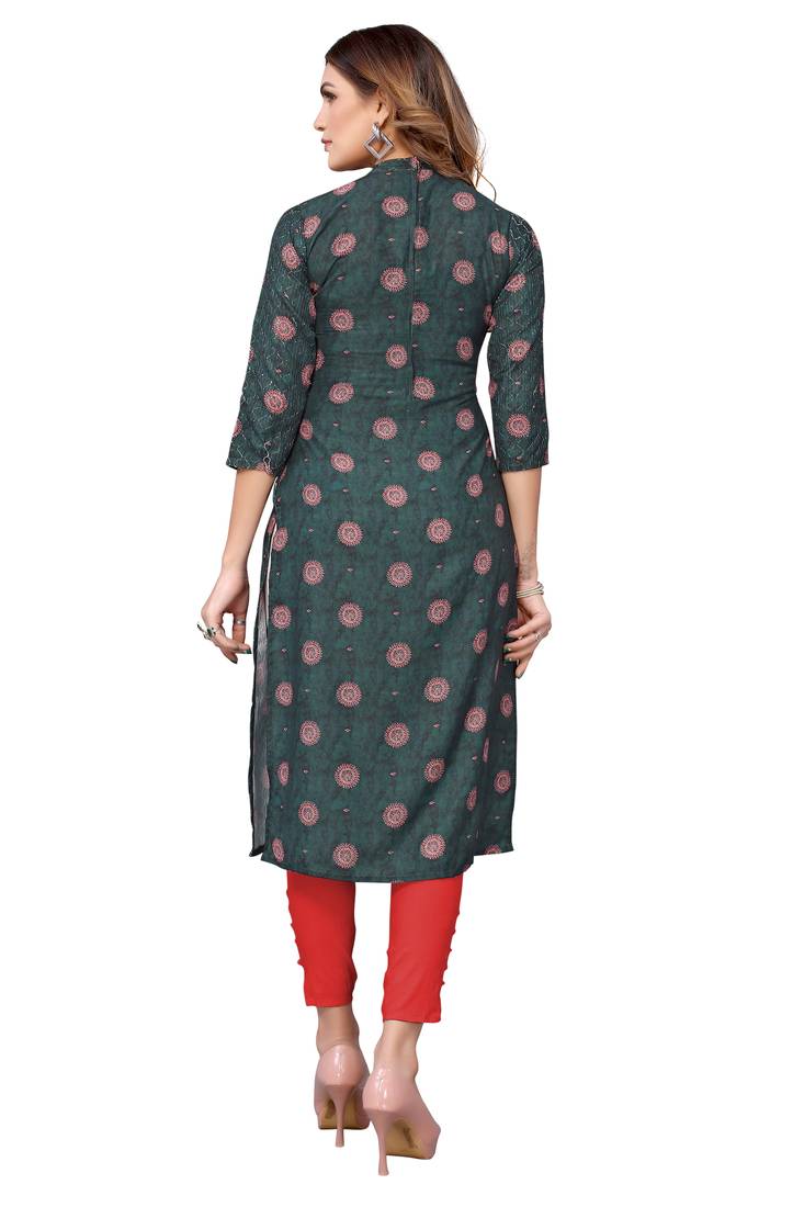 Mohvogue Bottle Green Digital printed Crochet Kurta.