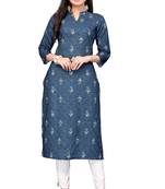 Mohvogue Navy Blue Digital printed Crochet Kurta.