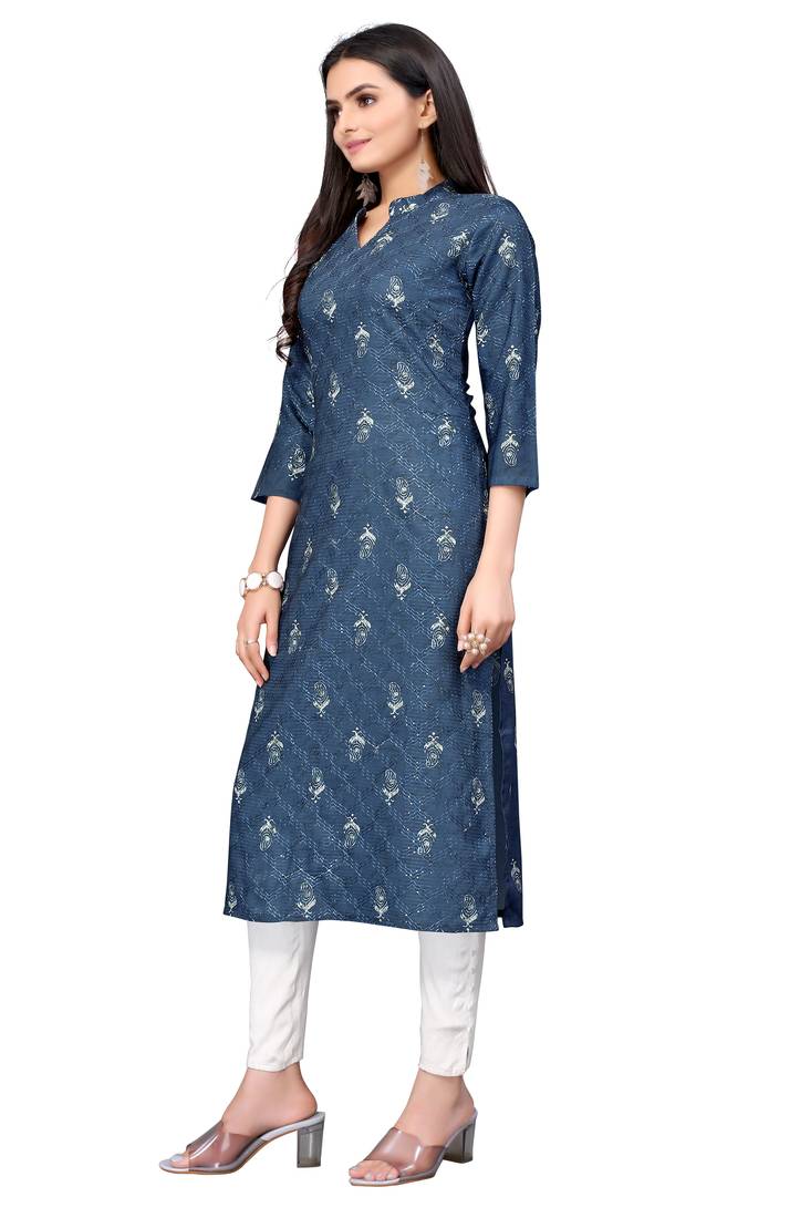 Mohvogue Navy Blue Digital printed Crochet Kurta.