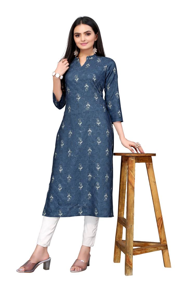 Mohvogue Navy Blue Digital printed Crochet Kurta.