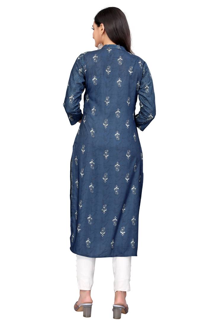 Mohvogue Navy Blue Digital printed Crochet Kurta.