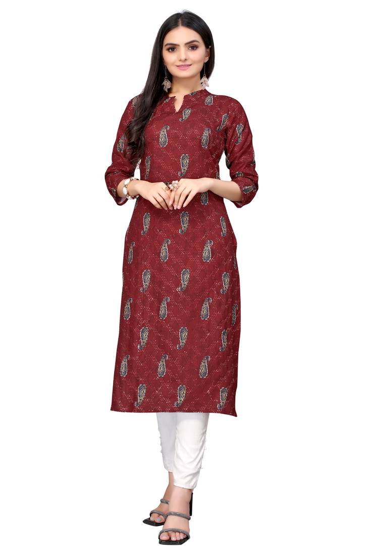 Mohvogue Maroon Digital printed Crochet Kurta.