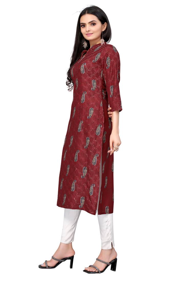 Mohvogue Maroon Digital printed Crochet Kurta.