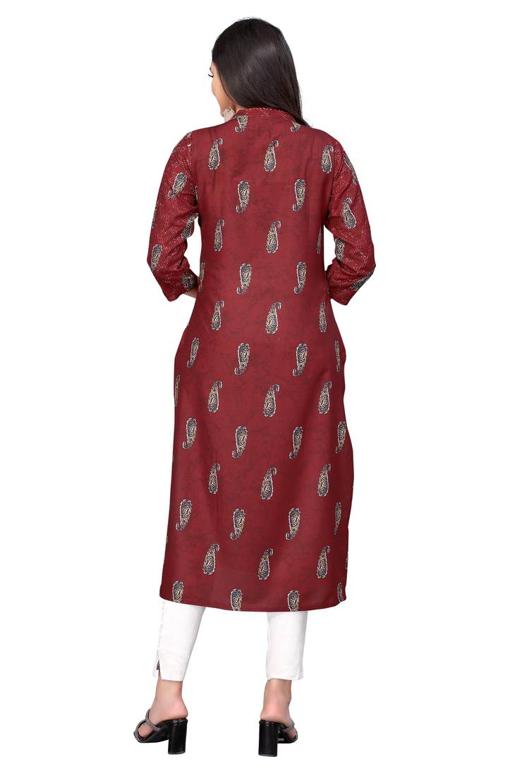 Mohvogue Maroon Digital printed Crochet Kurta.
