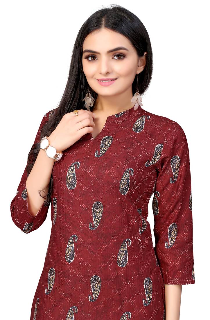 Mohvogue Maroon Digital printed Crochet Kurta.