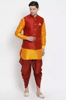 Orange Woven Silk Blend Dhoti-Kurta