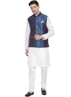 White Woven Silk Blend Kurta-Pajama 1