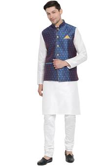 White Woven Silk Blend Kurta-Pajama
