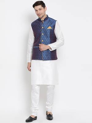 White Woven Silk Blend Kurta-Pajama 2