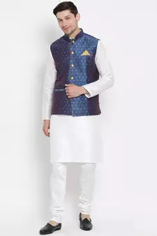 White Woven Silk Blend Kurta-Pajama