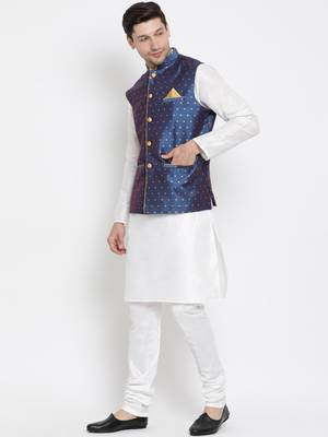 White Woven Silk Blend Kurta-Pajama 3