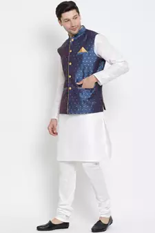 White Woven Silk Blend Kurta-Pajama