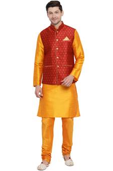 Orange Woven Silk Blend Kurta-Pajama