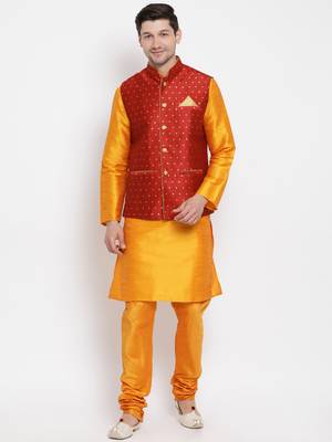 Orange Woven Silk Blend Kurta-Pajama 2