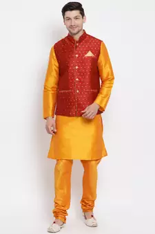Orange Woven Silk Blend Kurta-Pajama