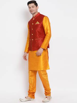 Orange Woven Silk Blend Kurta-Pajama 3