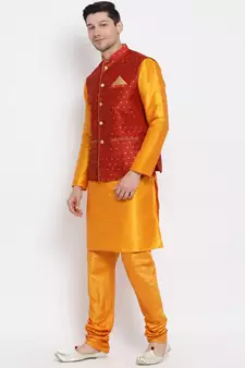 Orange Woven Silk Blend Kurta-Pajama