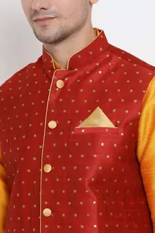 Orange Woven Silk Blend Kurta-Pajama