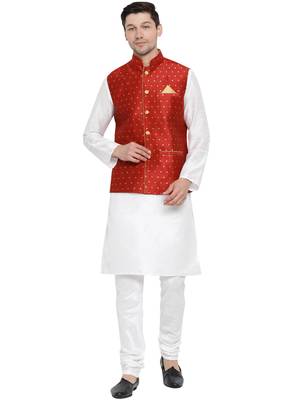 White Woven Silk Blend Kurta-Pajama 1