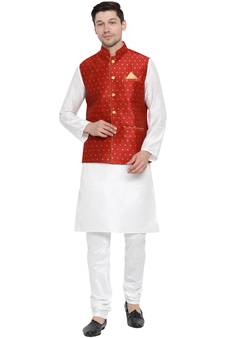 White Woven Silk Blend Kurta-Pajama