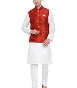 White Woven Silk Blend Kurta-Pajama